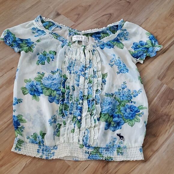 🔹️Abercrombie & Fitch White & Blue Floral Print Cap Sleeve Top XSmall - Picture 1 of 9